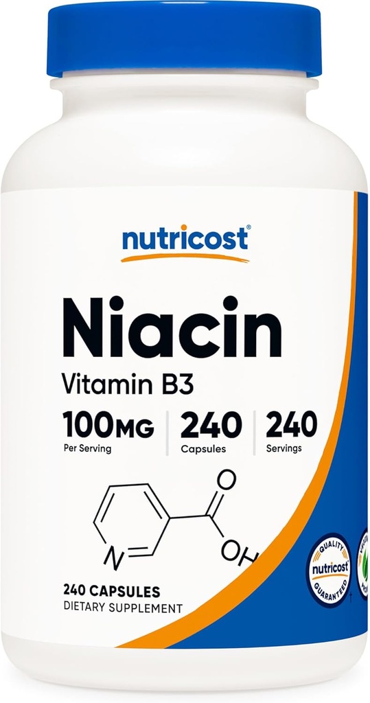 Nutricost Niacin (Vitamin B3) 100mg, 240 Κάψουλες - με Φλάσινγκ, Μη ΓΤΟ, Χωρίς Γλουτένη