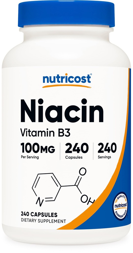 Nutricost Niacin (Vitamin B3) 100mg, 240 Κάψουλες - με Φλάσινγκ, Μη ΓΤΟ, Χωρίς Γλουτένη