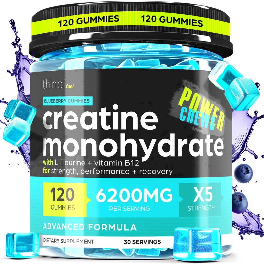 Creatine Monohydrate Gummies Complex 6200mg για Άνδρες & Γυναίκες - 120 Gummies Advanced Formula W/L-Taurine + Βιταμίνη B12 για μυϊκή δύναμη, μυς Builder, Energy Boost, Pre-Workout Supplement - Thinbi