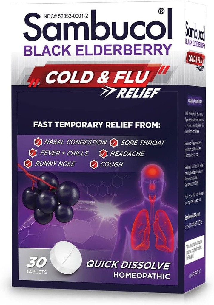 Sambucol Cold and Flu Relief Tablets - Homeopathic Cold Medicine, Cold Remedy for Adults, Black Elderberry for Colds, Zinc Cold Remedy - 30 Count