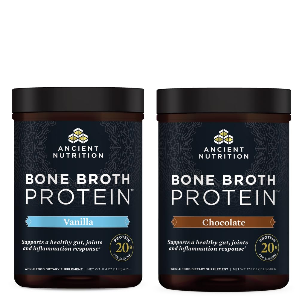 Αρχαίας διατροφής Broth πρωτεΐνης σκόνης, βανίλια, 20 σέρβις + Bone Broth πρωτεΐνη σκόνη, σοκολάτα, 20 σέρβις