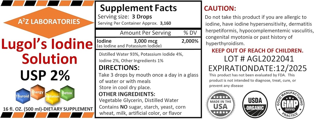 A2Z Ιωδιούχο και ιωδιούχο κάλιο 2% Λύση 3000 mcg - Σταγόνες υγρού συμπληρώματος για το θυρεοειδές Υποστήριξη για γυναίκες & άνδρες, Υγεία Μεταβολισμού, Ενίσχυση Detox -16 Fl Oz/USA/Ships Σήμερα! (2 PK)