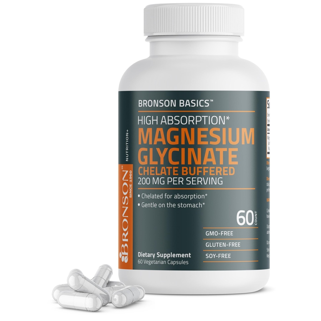 Bronson Μαγνήσιο Γλυκινικό 200mg Χημική Απορρόφηση Υψηλής Απορρόφησης Απορροφημένο Απαλό Στο στομάχι Μη-ΓΤΟ, 60 κάψουλες χορτοφάγων