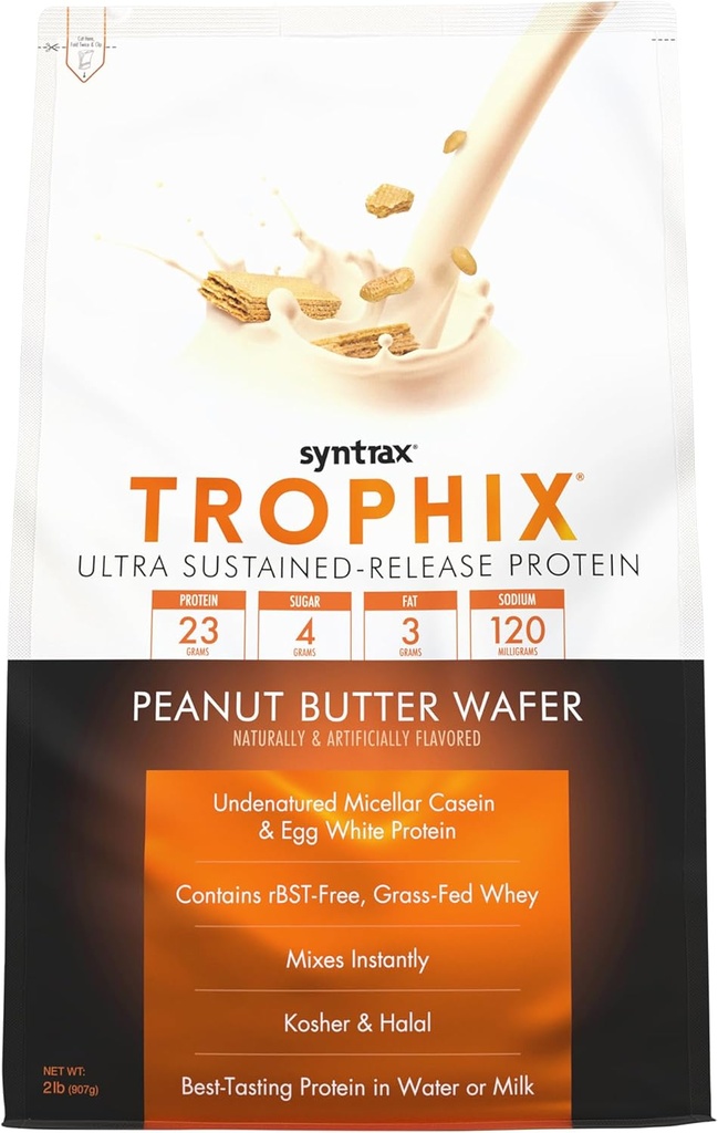 Syntrax Nutrition Trophix, Ultra Sustained-Release Protein Powder Blend, Peanut Butter Wafer 2 lbs, Real Wafer Pieces