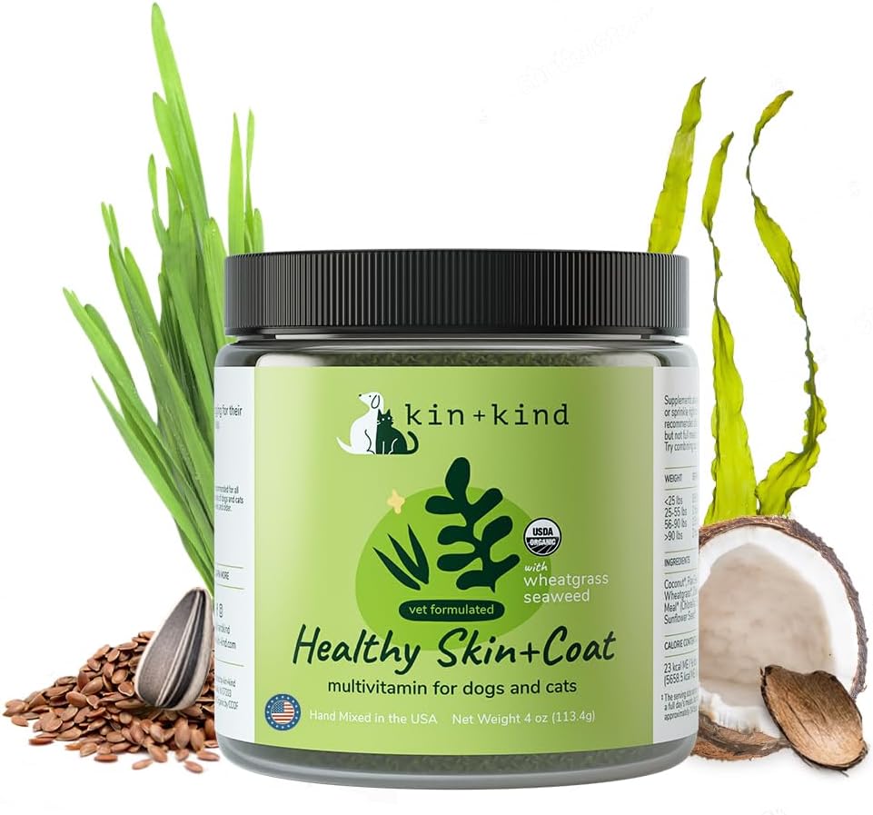kin+kind Organic Multivitamin for Dogs & Cats - Pet Supplement for Healthy Skin and Coat - Safe, Natural Formula with Wheatgrass, Kelp, Seaweed and Coconut - Made in USA - 4 oz (Medium)
