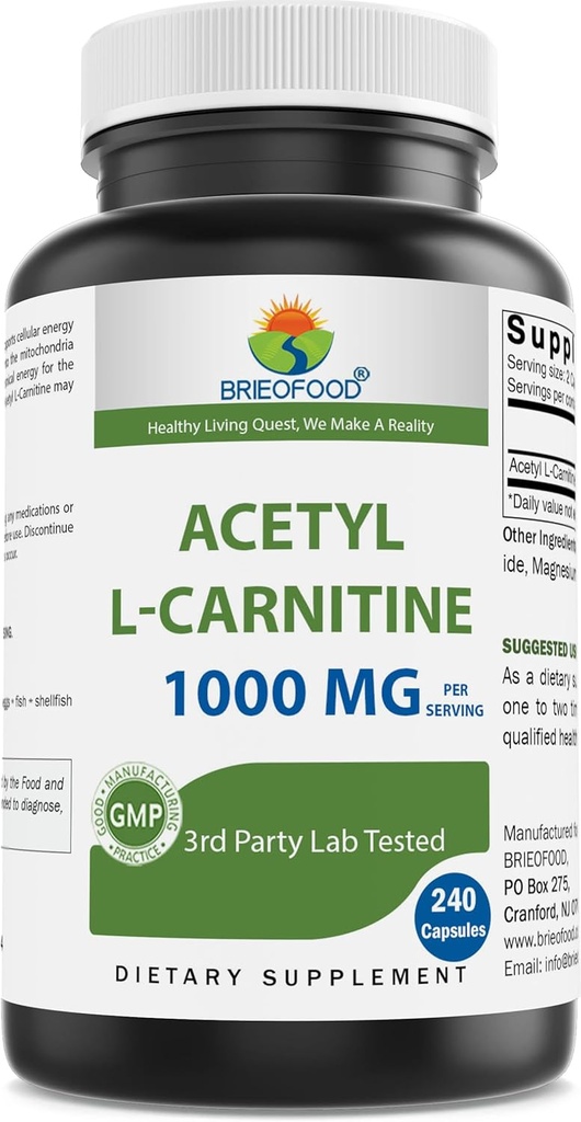 Brieofood Acetyl L-Carnitine 1000 mg ανά σερβίροντας- 240 κάψουλες. Χωρίς γλουτένη, μη ΓΤΟ.