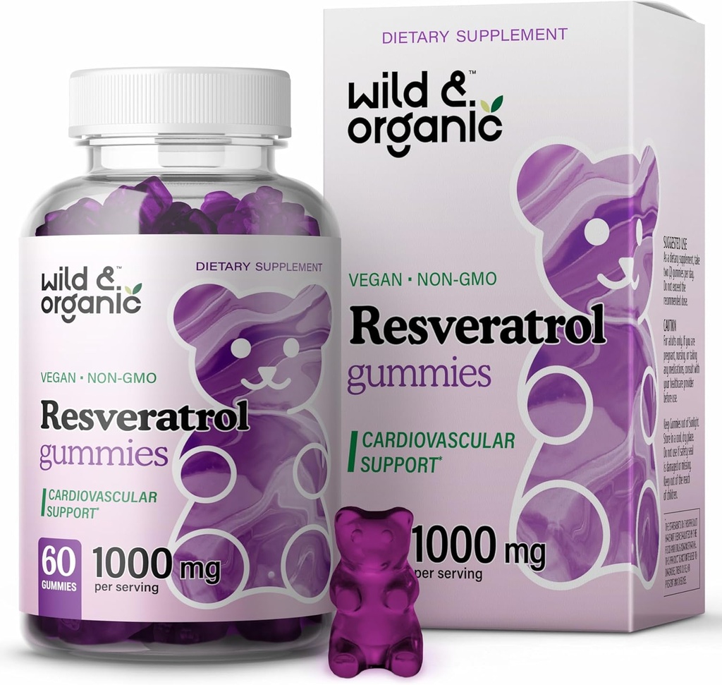 Wild & Organic Resveratrol Gummies 1000mg - Trans Resveratrol συμπλήρωμα για αντιοξειδωτικό, εγκέφαλο, ανοσοποιητική υποστήριξη - 60 Vegan, μη GMO Αντιοξειδωτικά Gummies