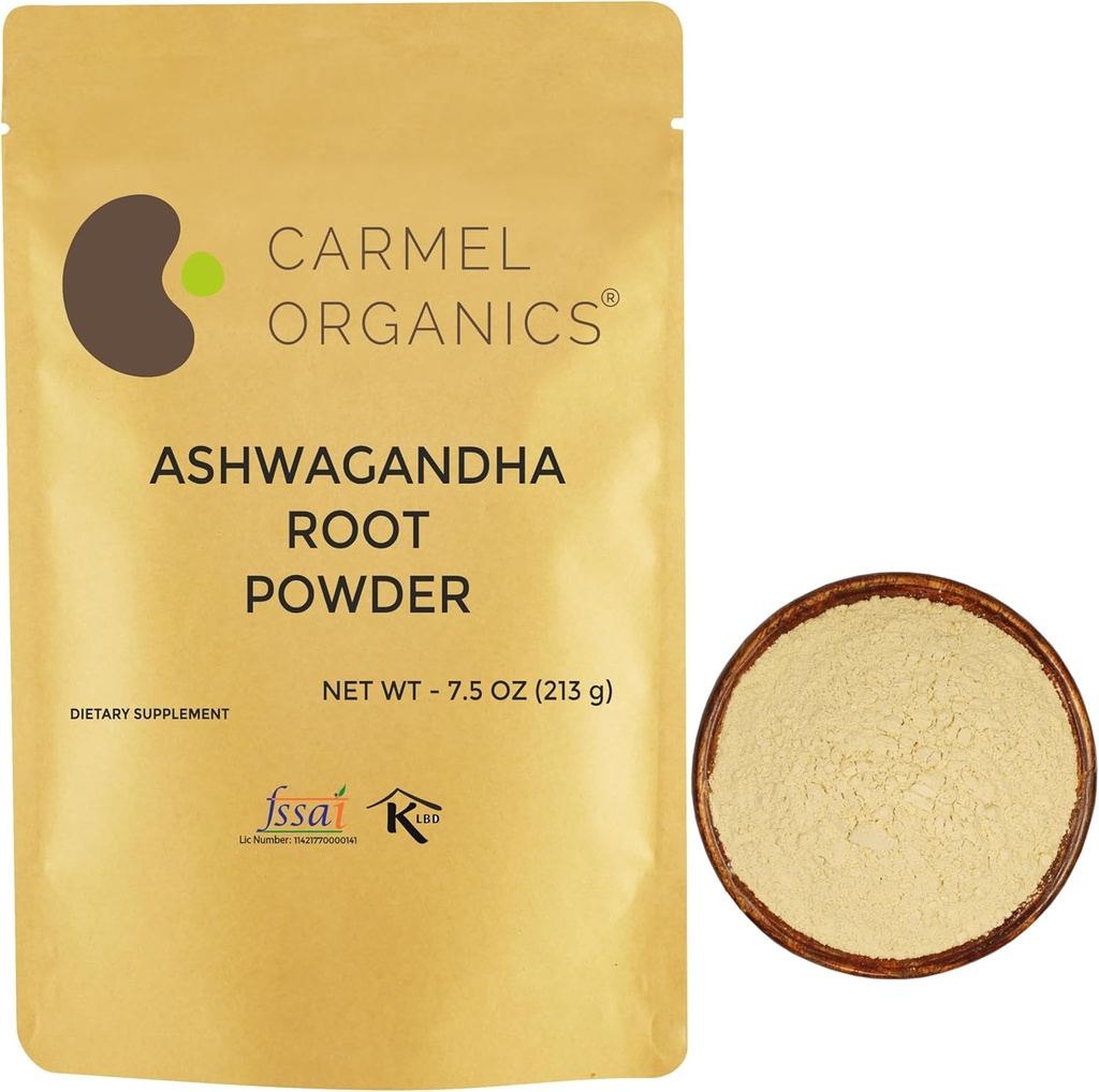 CARMEL ORGANICS Ashwagandha Root Powder 7.5 Ounce, Non GMO & Gluten Free, Natural, Withania Somnifera, No Added Preservatives, Directly Sourced from Indian Farmers