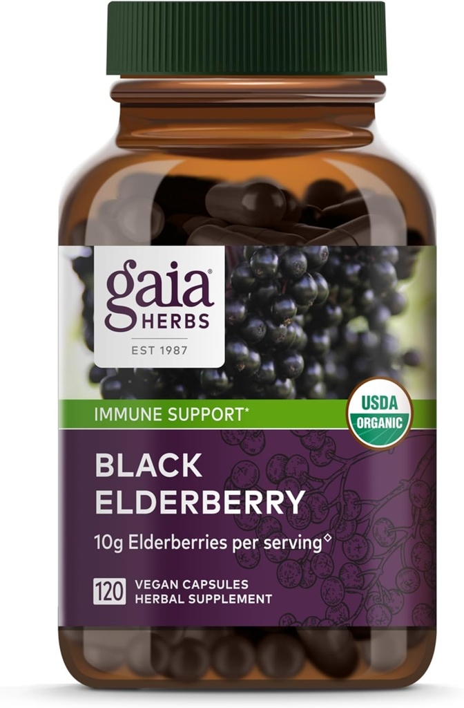 Gaia Herbs Black Elderberry - Καθημερινή ανοσοποίηση συμπλήρωμα υποστήριξης για την υποστήριξη της ευεξίας - με Black Elderberries & Acerola Φρούτα για Αντιοξειδωτική Υποστήριξη* - 120 κάψουλες Vegan (60-Day Supply)