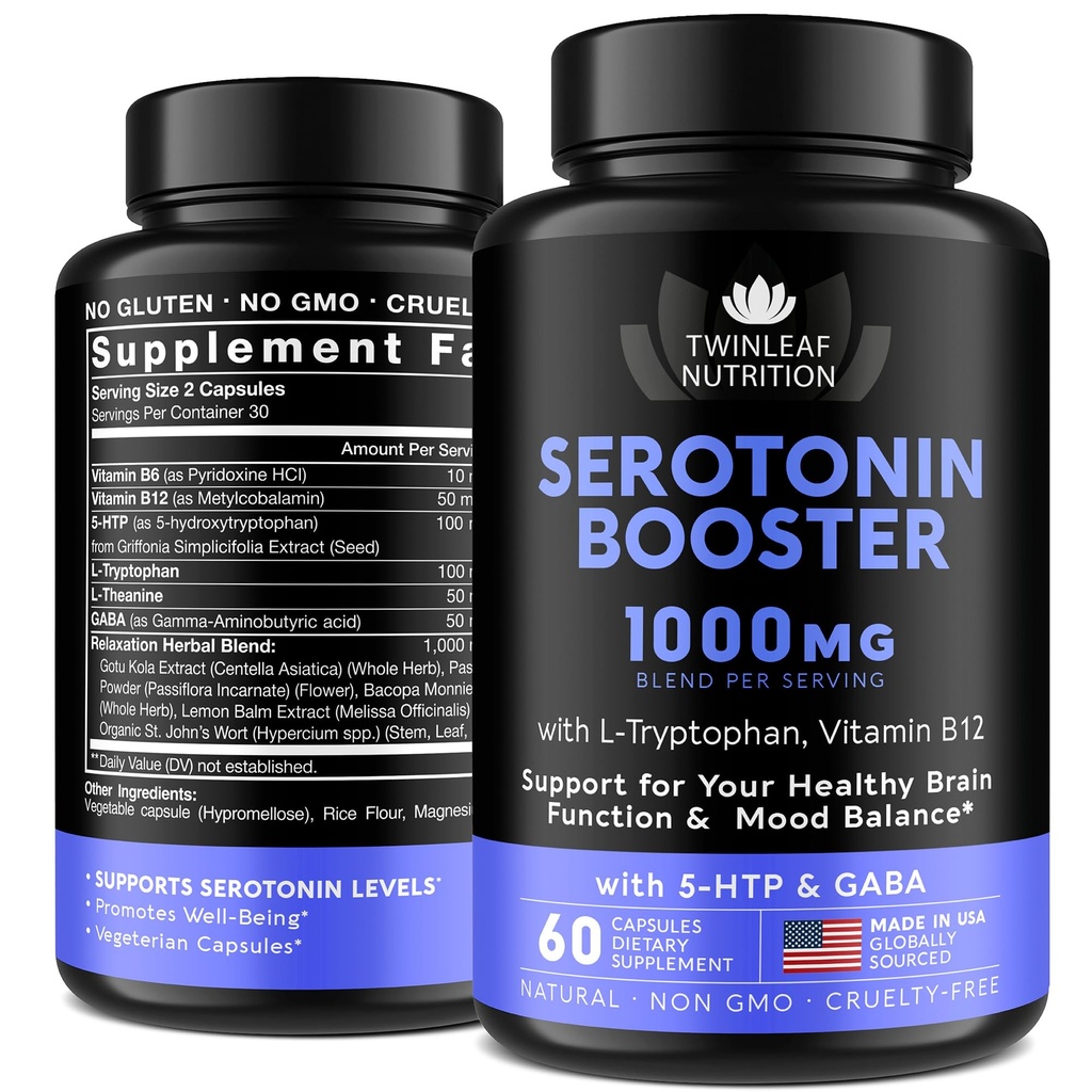 Natural Serotonin Supplement - Made in USA 5HTP Serotonin & Cortisol Manager - Σεροτονίνη Booster Vitamin Supplement for Women with 5-HTP, Vitamin B6, B12, GABA, L Theanine, L Tryptophan - 60 κάψουλες