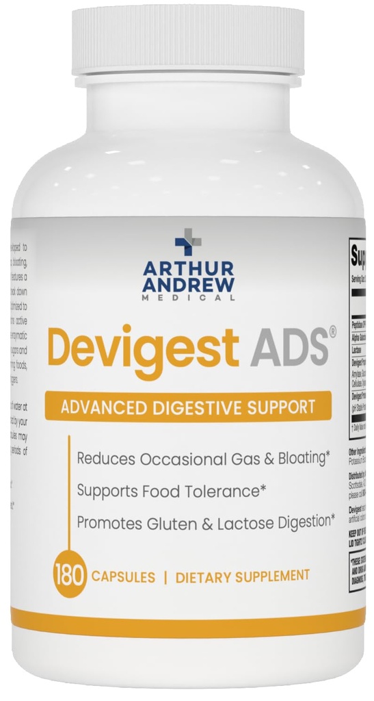 Arthur Andrew Medical - Devigest ADS, Advanced Digestive Υποστήριξη, Ανακούφιση για τη δυσανεξία της λακτόζης και τις ευαισθησίες καζεΐνης, Vegan, μη ΓΤΟ, 180 κάψουλες