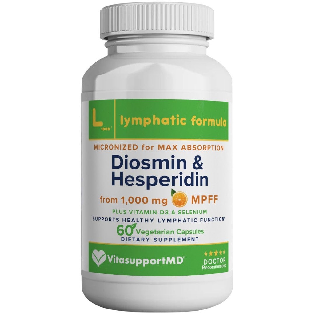 VITASUPPORTMD Λεμφική Φόρμουλα, Diosmin Hesperidin 1000 mg, MPFF Λεμφική Υποστήριξη, Lymph System Υποστήριξη, Βιταμίνη D3 και Σελήνιο Συμπλήρωμα, 60 κάψουλες