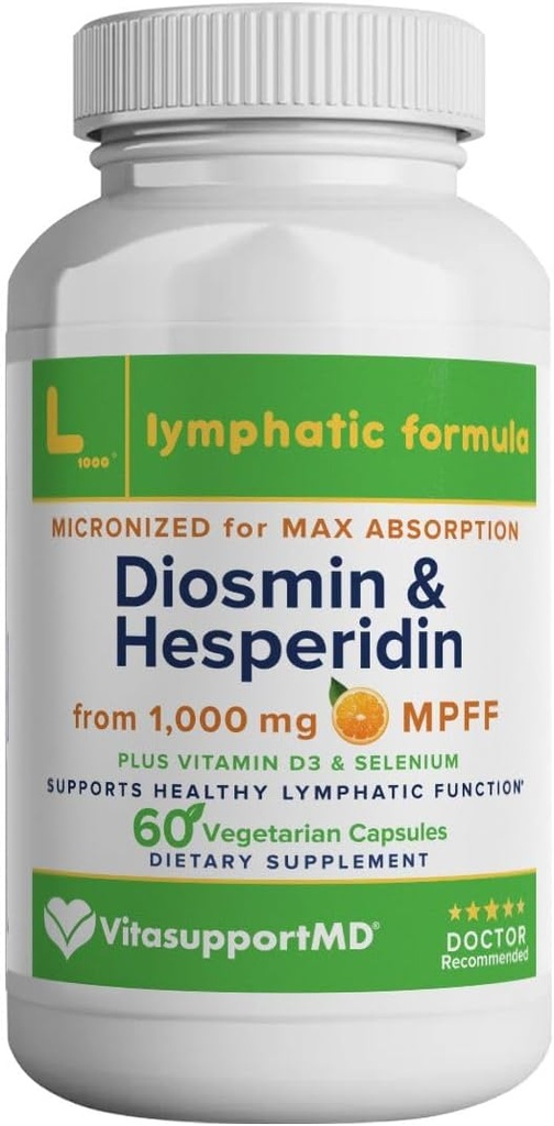 VITASUPPORTMD Lymphatic Formula, Diosmin Hesperidin 1000 mg, MPFF Lymphatic Support, Lymph System Support, Vitamin D3 and Selenium Supplement, 60 Capsules