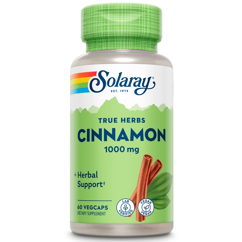 SOLARAY True Herbs Cinnamon Bark 1000mg - Συμπληρώματα κανέλας εδάφους - Βότανο Υποστήριξη για τη Συνολική Ευεξία - Μη ΓΤΟ Έργο Επαληθευμένο - Κάψουλες Vegan, 60-Day Εγγύηση - 30 Υπηρεσίες, 60 VegCaps