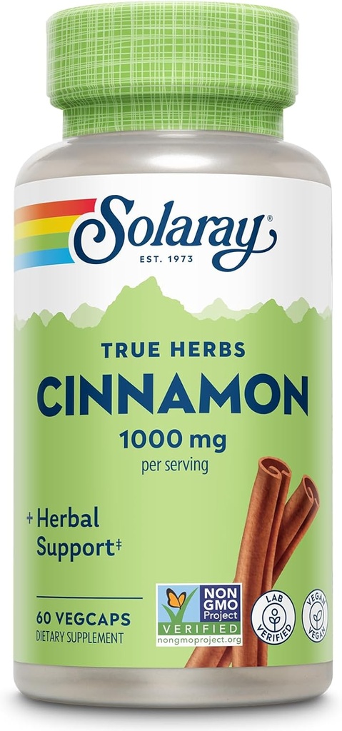 SOLARAY True Herbs Cinnamon Bark 1000mg - Συμπληρώματα κανέλας εδάφους - Βότανο Υποστήριξη για τη Συνολική Ευεξία - Μη ΓΤΟ Έργο Επαληθευμένο - Κάψουλες Vegan, 60-Day Εγγύηση - 30 Υπηρεσίες, 60 VegCaps