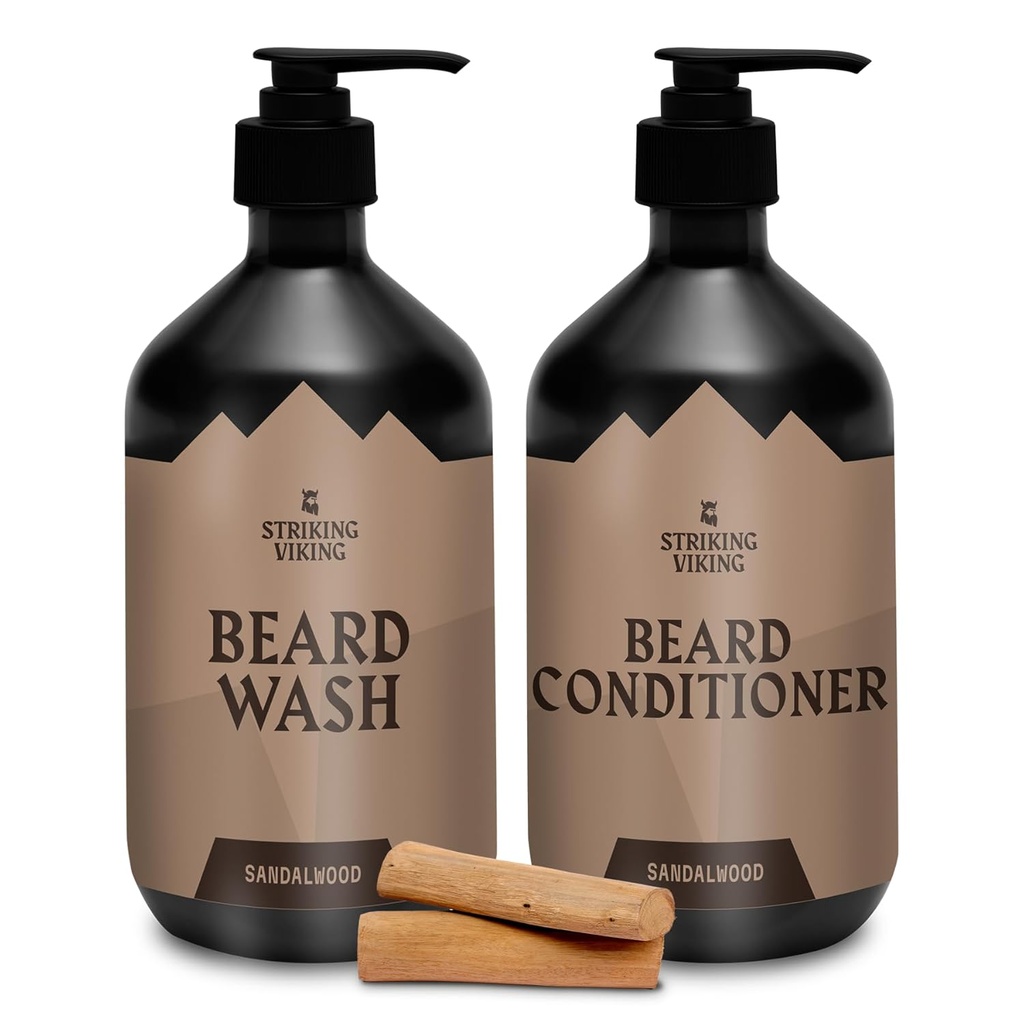 Striking Viking Beard Care Set (Σανδαλόξυλο) - Paraben & Sulfate Free Shampoo with Jojoba Oil - Deep Clean for All Beard Types (10oz Per Bottle)