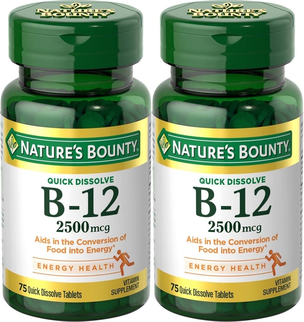 Natures Bounty Vitamin B-12, Γρήγορη Διάλυση, 2500 mcg, Φυσικό άρωμα κεράσι 75 ct (2 Συσκευασία)