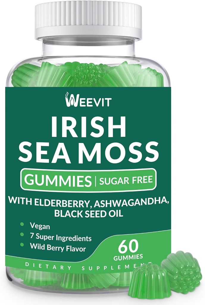 Sea Moss Gummies, Ιρλανδική Θάλασσα Moss με Μαύρο Έλαιο Σπέρματος, Ashwagandha, Bladderwrack και Burdock Root - Υποστηρίζει Ασυλία του δέρματος