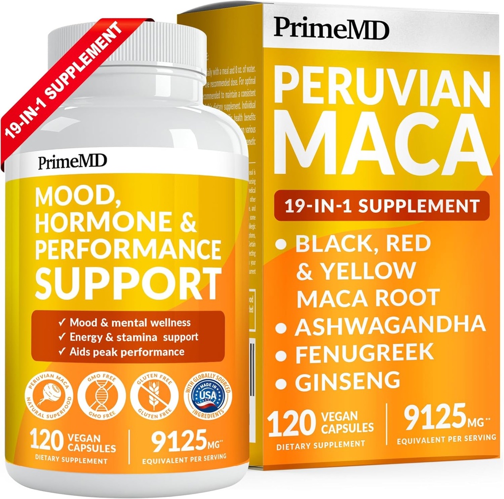 PrimeMD 19-σε-1 Περουβιανή κάψουλες ρίζας Maca - 9125 mg Ashwagandha Συμπληρώματα με Maca Fenugreek και Ginseng για Mood, Hormone & Performance Support (120 κάψουλες)