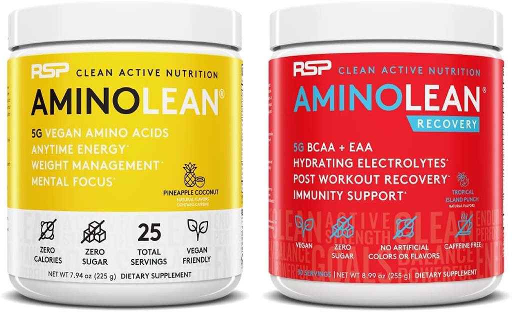 RSP NUTRITION Vegan AminoLean προ της προπόνησης ενέργεια (Pineapple Coconut 25 εξυπηρετούν) με AminoLean ανάκτηση Post προπόνηση Boost (Tropical Island Punch 30 εξυπηρετούν)
