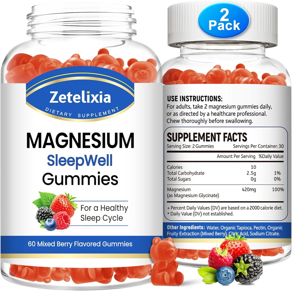 Γλυκινικό μαγνήσιο Glycinate Gummies, Υψηλή Απορρόφηση συμπλήρωμα μαγνησίου για ενήλικες παιδιά, χαλάρωση, τον εγκέφαλο, τους μυς και τα οστά υποστήριξη, Melatonin Δωρεάν, Χωρίς ζάχαρη, μικτή γεύση μούρου, 120 κ.τ.μ.