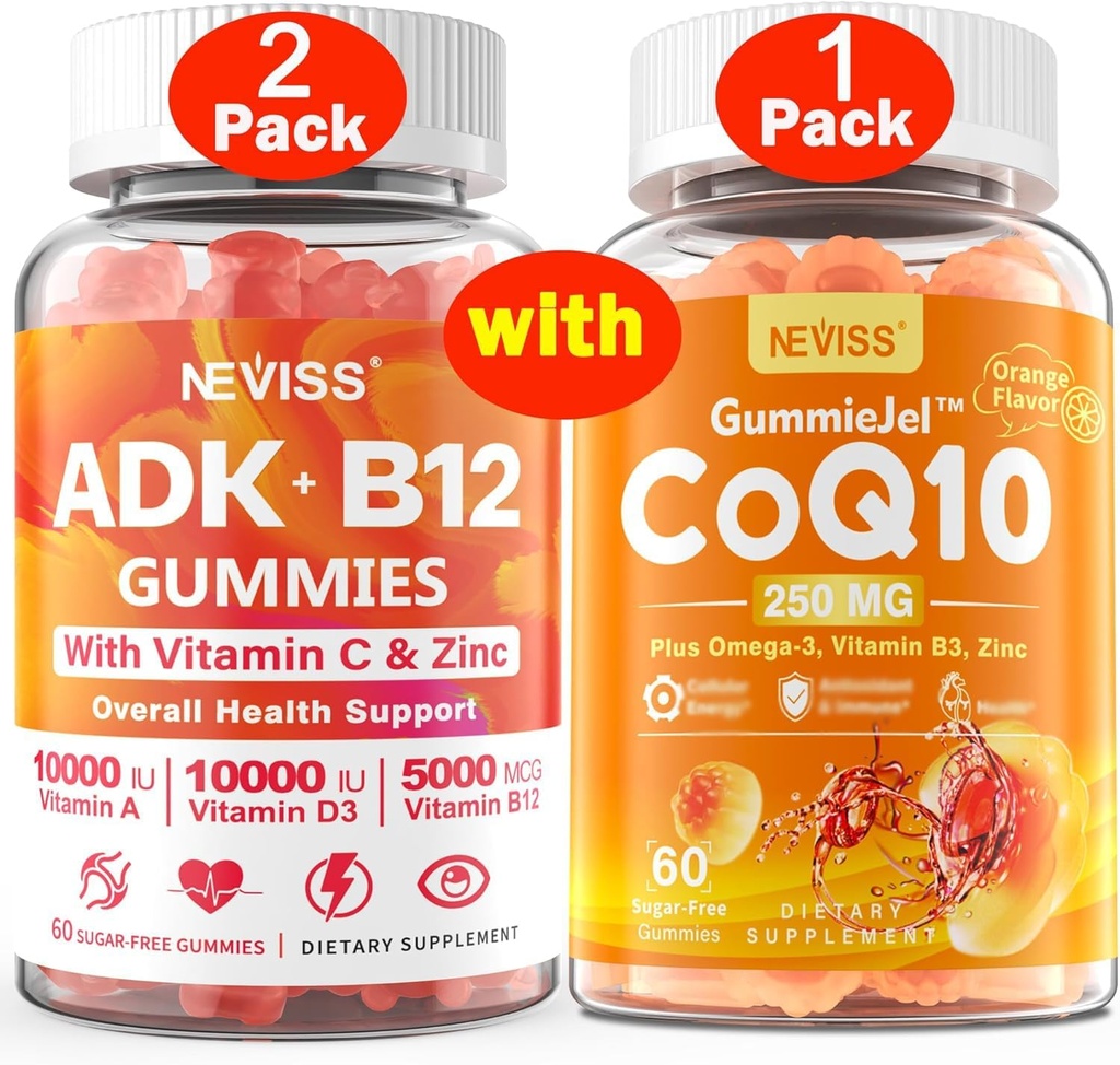 NECISS 2Pack Βιταμίνη ADK με B12 Gummies + 1Pack CoQ10-250mg Γεμιστά Gummies