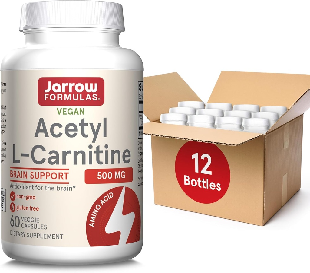 Jarrow Formulas Acetyl L-Carnitine 500 mg, Dietary Supplement, Amino Acid Support for Brain Health and Antioxidants, 60 Veggie Capsules, 60 Day Supply(Pack of 12)
