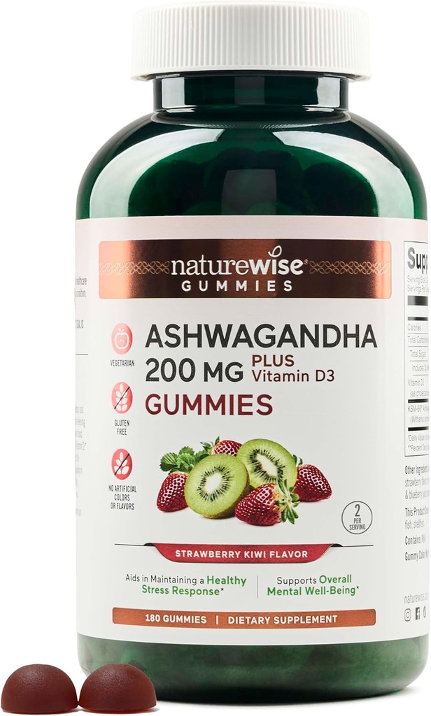 NatureWise Ashwagandha Gummies - Φράουλα Kiwi - KSM-66 με βιταμίνη D3 - Ηρεμητική υποστήριξη Mood - Χορτοφαγικά - Μη ΓΤΟ, Ζελατίνη και Χωρίς Γλουτένη - 180 Count[3-Month Supply]