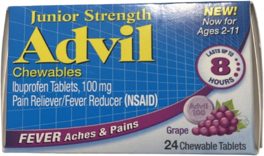 Advil Junior Chewable Ibuprofen Tablets, Grape 100mg, 24 Tablets Each (Pack of 4)