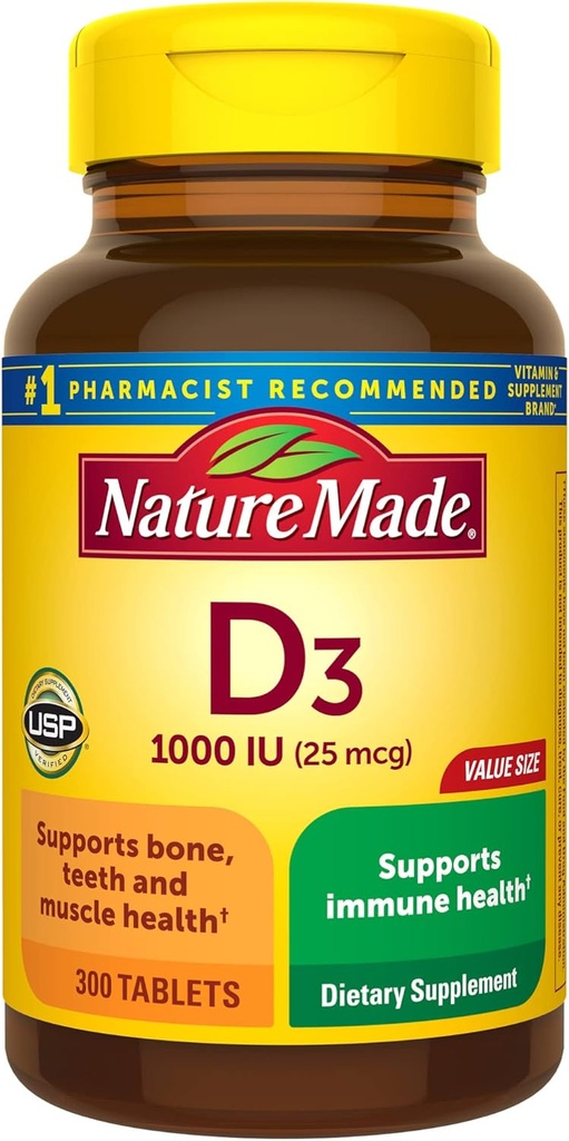 Nature Made Vitamin D3 1000 IU (25 mcg), Vitamin D συμπλήρωμα για τα οστά, δόντια, μυών και ανοσοποιητική υποστήριξη υγείας, 300 δισκία, 300 Ημέρα προσφοράς