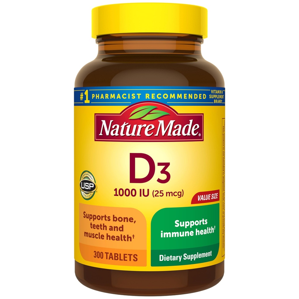 Nature Made Vitamin D3 1000 IU (25 mcg), Vitamin D συμπλήρωμα για τα οστά, δόντια, μυών και ανοσοποιητική υποστήριξη υγείας, 300 δισκία, 300 Ημέρα προσφοράς