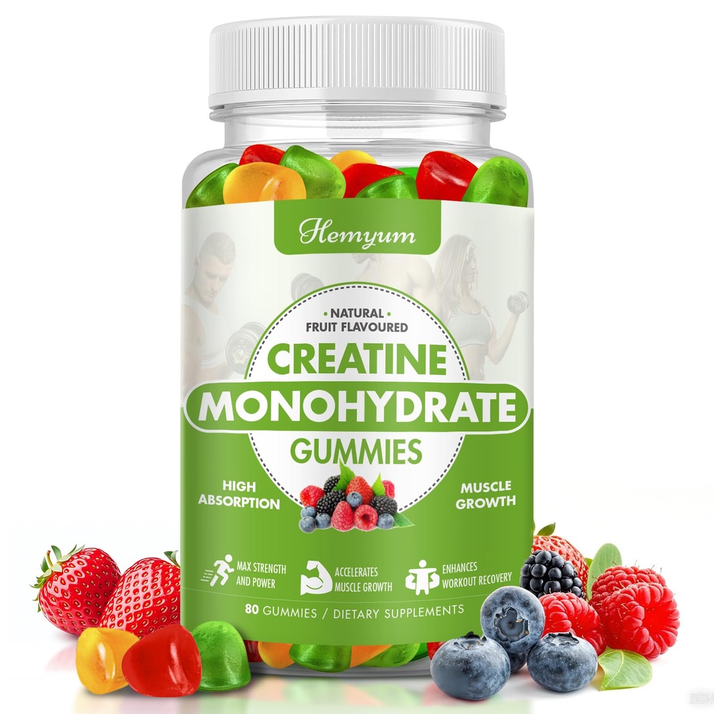Creatine Monohydrate Gummies - 5g Creatine για γυναίκες άνδρες, Ενισχυμένη μυϊκή δύναμη, ενίσχυση της εστίασης και αντοχής, μυών Builder, L-Ταυρίνη + βιταμίνη B12, Vegan, χωρίς γλουτένη 80 κόμης
