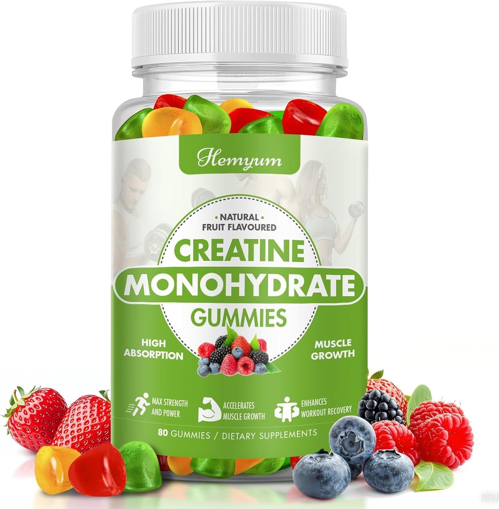 Creatine Monohydrate Gummies - 5g Creatine για γυναίκες άνδρες, Ενισχυμένη μυϊκή δύναμη, ενίσχυση της εστίασης και αντοχής, μυών Builder, L-Ταυρίνη + βιταμίνη B12, Vegan, χωρίς γλουτένη 80 κόμης