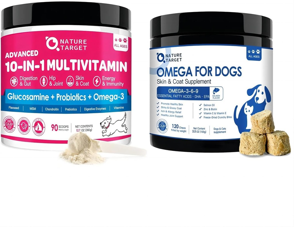 NATURE TARGET Dog Vitamins Powder - Omega 3 Fish Oil for Dogs