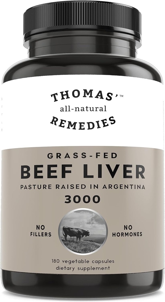 Thomas' all-natural Remedies Grassfed Beef Liver Supplement, 3000mg Liver Support Supplement, Pasture Raised in Argentina, Non-GMO & Hormone Free (180 Caps)