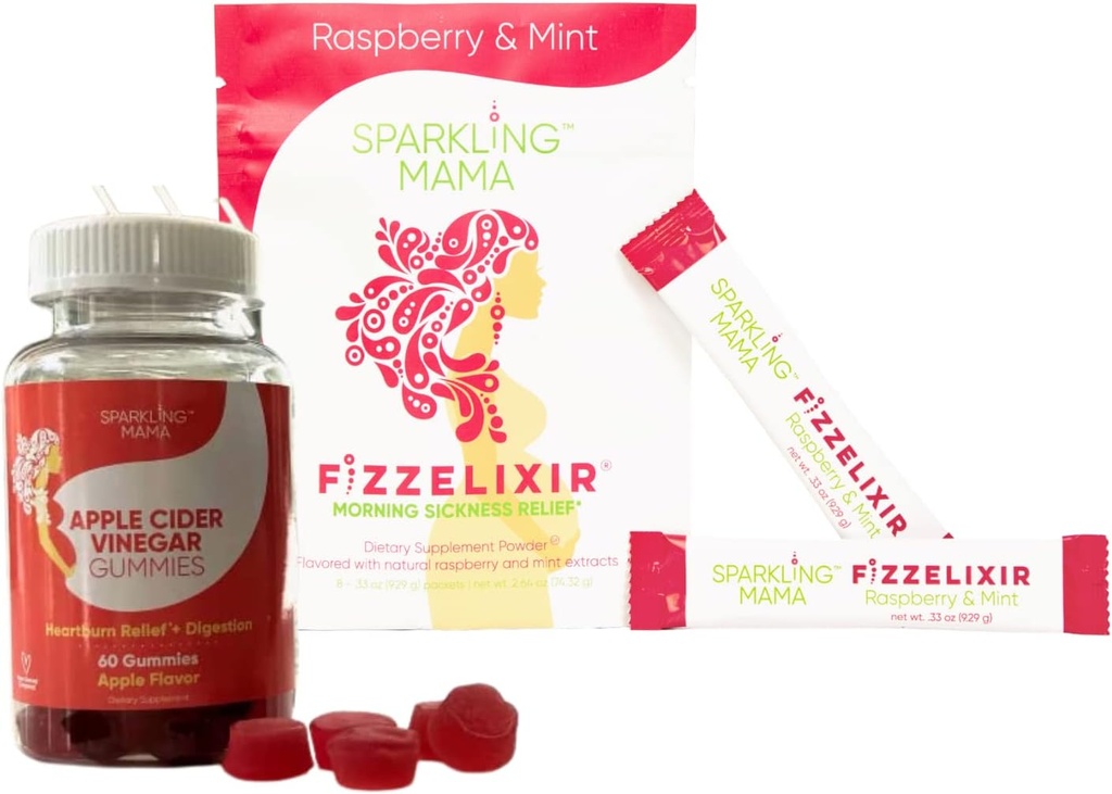 Sparkling Mama's Morning Sickness Relief ~ Raspberry Mint, 8 Count and Apple Cider Vinegar Gummies | Delicious Apple Flavor, 60 Gummies