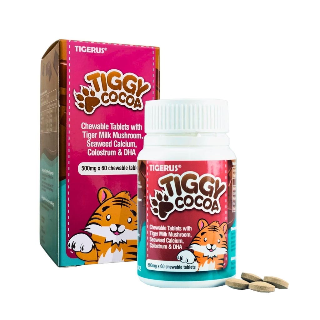 TIGGY Cocoa Chewable Tables with Tiger Milk Mushroom – Νόστιμο, βολικό και θρεπτικό συμπλήρωμα για την ενέργεια, την ευεξία και τη συνολική υγεία – 60 δισκία, παιδιά και ενήλικες
