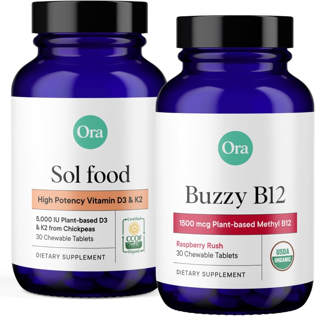 Ora Organic Vitamin D3 5000IU + K2 & Vitamin D3 2000IU Bundle: Vegan Vitamin D από το Lichen και K2 από το Chickpeas, 30 Μασώμενα δισκία + Vegan Vitamin D από το Lichen για την υγεία των οστών, 30 Vegan Tablets