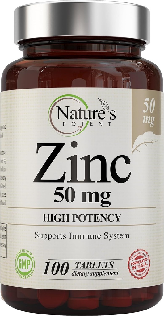 Zinc 50mg [High Potency] Συμπλήρωμα - Σύστημα Υποστήριξης Ανοσοποιητικού από Φυσικό Ψευδάργυρο (Oxide/Citrate) 100 Tablets, Made by Nature’s Potent.