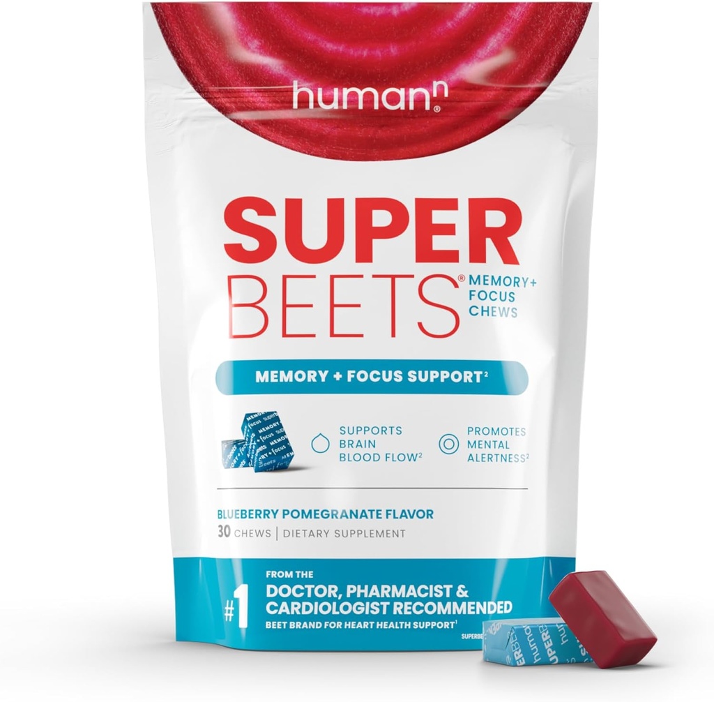 HumanN SuperBeets Συμπληρώματα εγκεφάλου για τη μνήμη και την εστίαση μάσημα, ψυχική εγρήγορση, κλινικά Σπουδές Nootropics, Resveratrol συμπλήρωμα Plus Beet Root σκόνη, βατόμουρο Ρόδι Γεύση, 30 Count