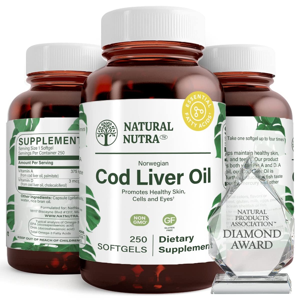 Natural Nutra Νορβηγικό συμπλήρωμα λιπαντικού γάδου, βοηθά στη διατήρηση του δέρματος, βοηθά στη διατήρηση της πυκνότητας του σώματος, την υγεία των ματιών και τα νεύρα λειτουργία, προωθεί την οδοντιατρική υγεία, υποστηρίζει καρδιοαγγειακή υγεία, 250 Softgels