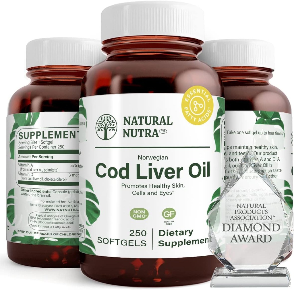 Natural Nutra Νορβηγικό συμπλήρωμα λιπαντικού γάδου, βοηθά στη διατήρηση του δέρματος, βοηθά στη διατήρηση της πυκνότητας του σώματος, την υγεία των ματιών και τα νεύρα λειτουργία, προωθεί την οδοντιατρική υγεία, υποστηρίζει καρδιοαγγειακή υγεία, 250 Softgels