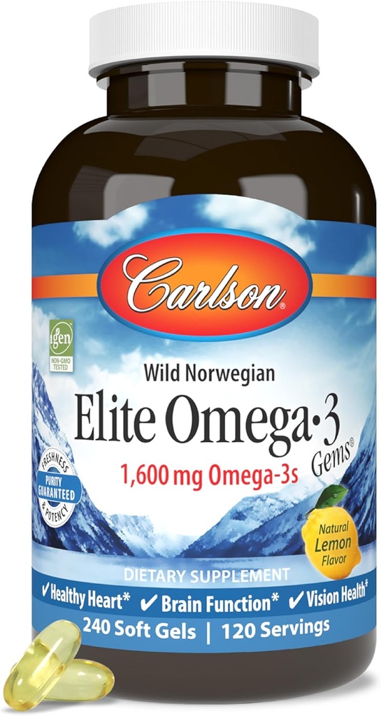 Carlson Elite Omega 3 Gems, 1600mg, Λεμόνι Γεύση, 240 Softgels