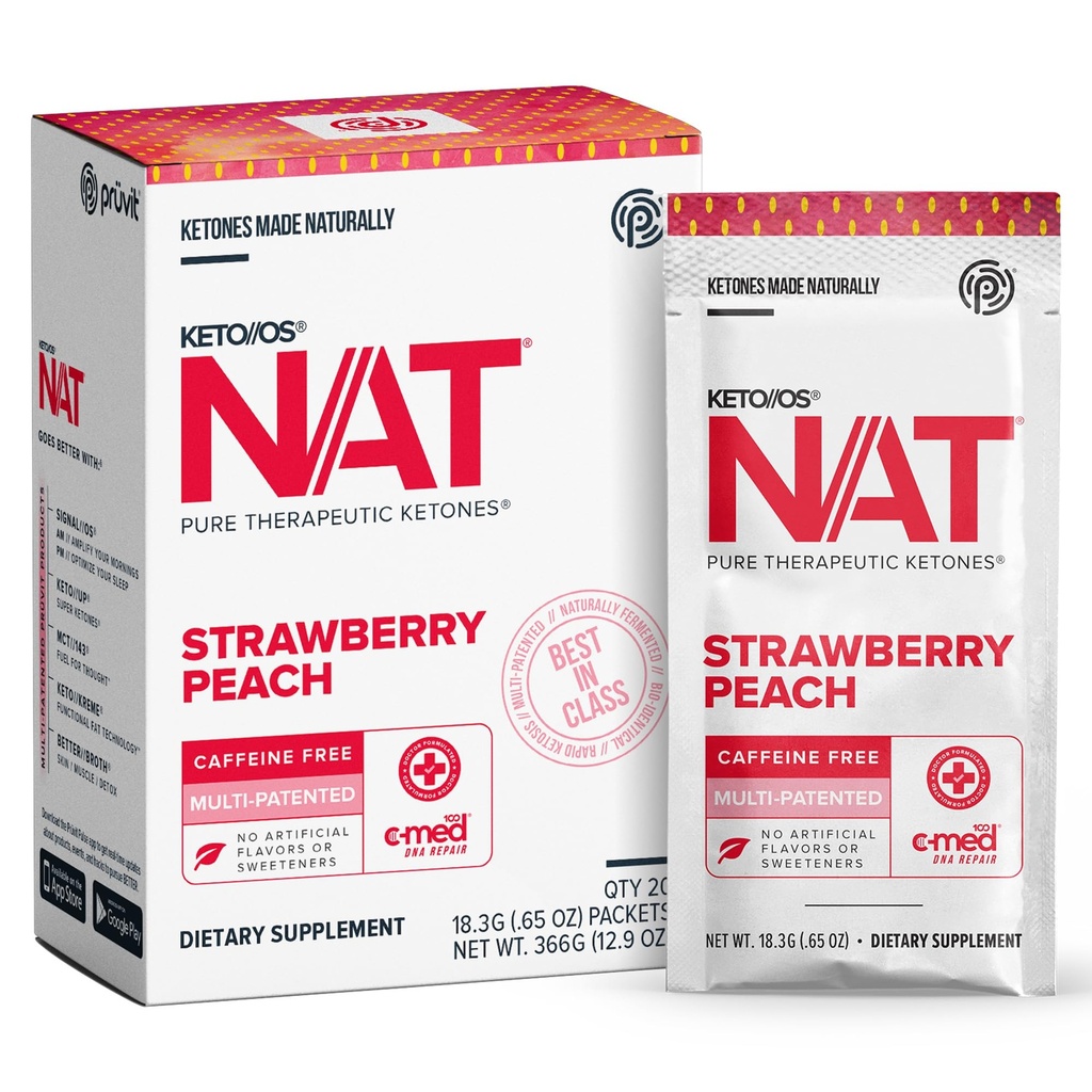 PRÜVIT OS NAT Strawberry Peach Keto Supplements – Caffeine Free - for Men and Women (20 Count)