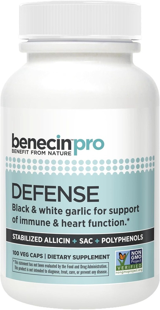 Benecin Defense PRO 3000 mcg Stabilized Allicin per Capsule | Plus high Amounts of SAC & Polyphenols from Black Garlic | Powerful Support of Immune & Heart Function Vegetarian Caps (Pack of 100)
