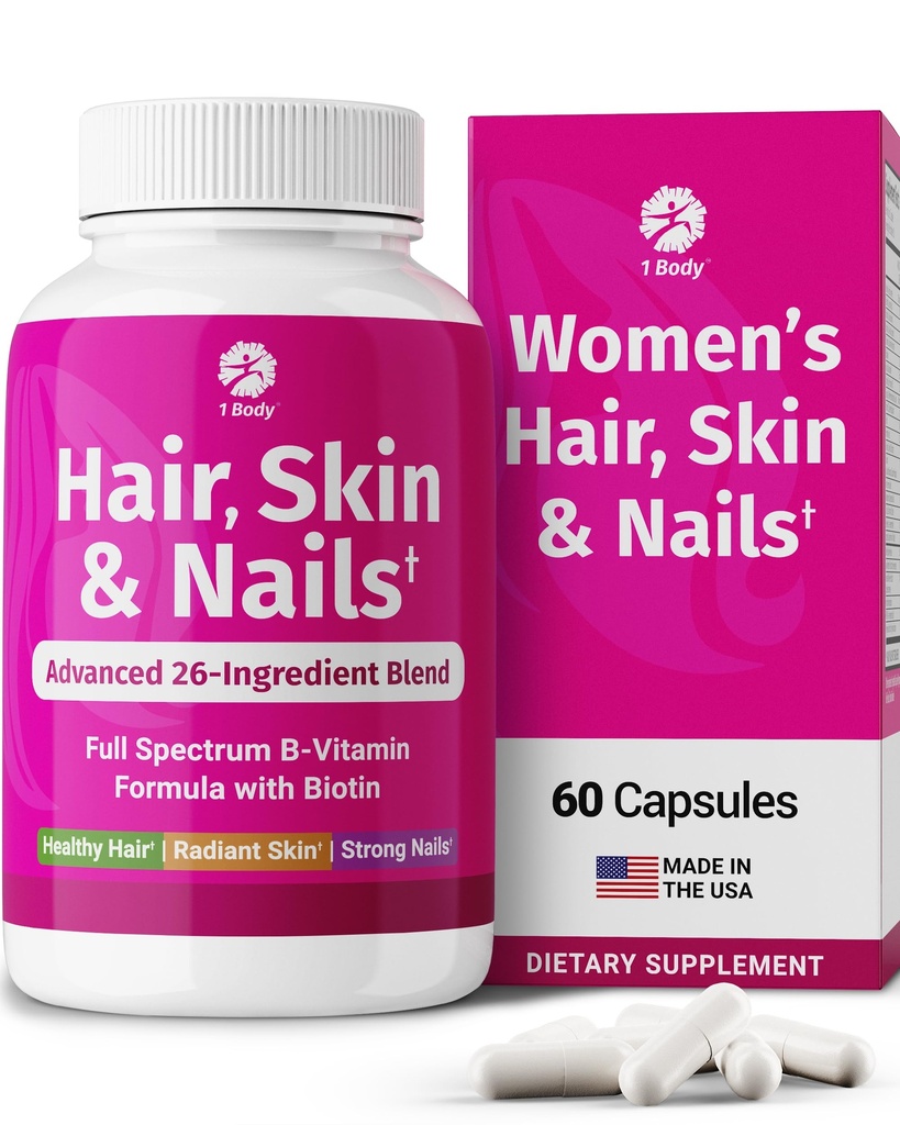 1 Body Hair Skin and Nails Βιταμίνες με Βιοτίνη – Συμπλήρωμα για την ανάπτυξη των μαλλιών για γυναίκες & άνδρες με 26 Βιταμίνες, Ορυκτά & Βότανα Εκχυλίσματα – Ισχυρότερα Μαλλιά, Υγιεινό Δέρμα & Νύχια – 60 Vegan Κάψουλες