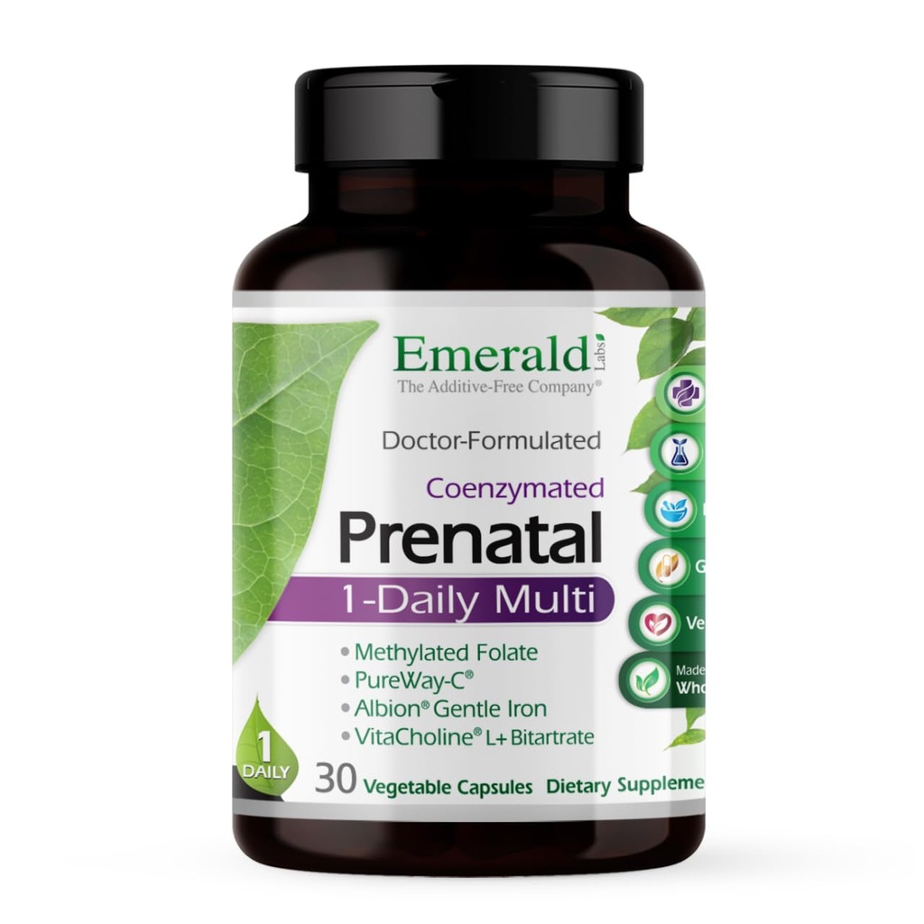 Emerald Labs Προγεννητική 1-Καθημερινή πολυβιταμίνη - Προγεννητική πολυβιταμίνη με μεθυλιωμένο φολικό, σίδηρο, πλήρη μείγμα τροφίμων & Περισσότερα - Χωρίς σόγια, χωρίς γλουτένη - 30 κάψουλες λαχανικών