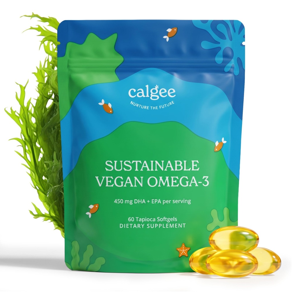 Calgee Vegan Omega 3-450mg DHA & EPA Λιπαρά Οξέα - Βιώσιμο Έλαιο Φυκιών - Φυτικό Λάδι Εναλλακτικό - Carragenan-Free Softgels (60 Ct)