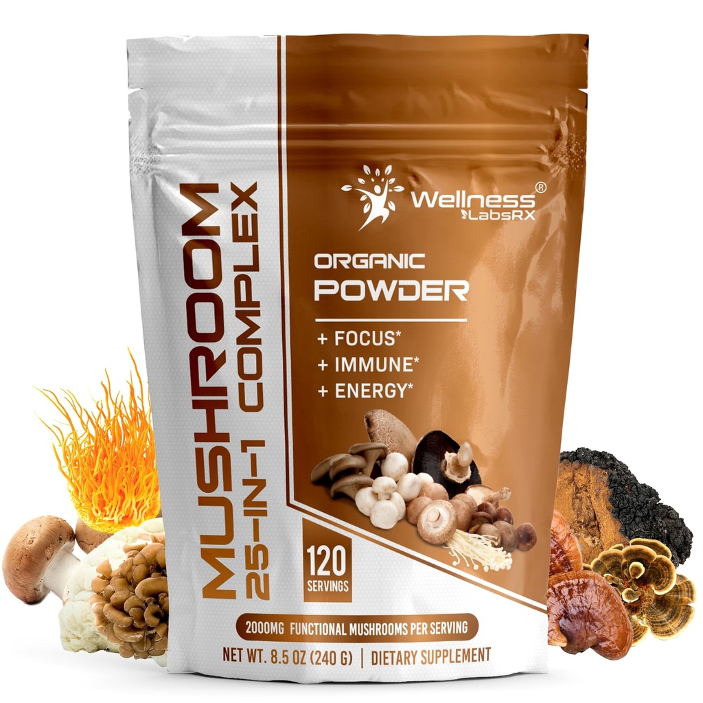 WELLNESS LABSRX Mushroom Powder, 25 in 1 Mushrooms Supplement - 2000mg, 25 Superfood Mishroom Lions Mane Powder with Chaga, Shiitake, Cordyceps, Reishi - Lion's Mane Mushroom - 120 Servings