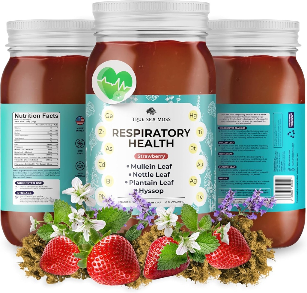 TrueSeaMoss Pro-Line Gel - Αναπνευστική Υγεία - 5+ Γεύσεις - Φρούτα Gel με Premium Θάλασσα Moss & Κάλιο - Vegan-Friendly - Βιταμίνη & Ορυκτό Πλούσιο Συμπλήρωμα - Κατασκευάζεται στις ΗΠΑ (Strawberry, Pack of 1)